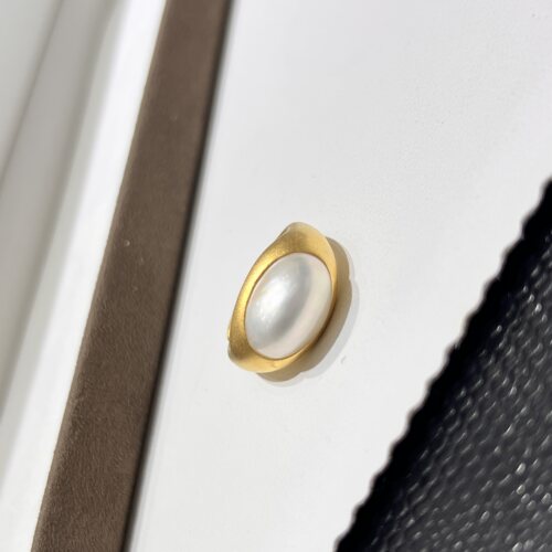 金色迷雾海水椭圆马贝珍珠925银磨砂厚银开口戒指10*14mm重工设计