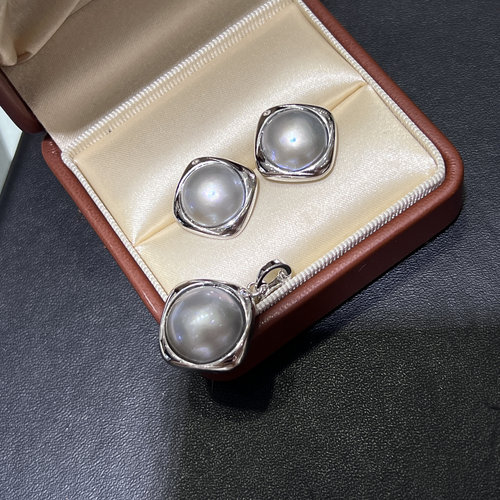 四方天地海水马贝珍珠套装S925银质感高级铂金灰优雅百搭耳钉吊坠