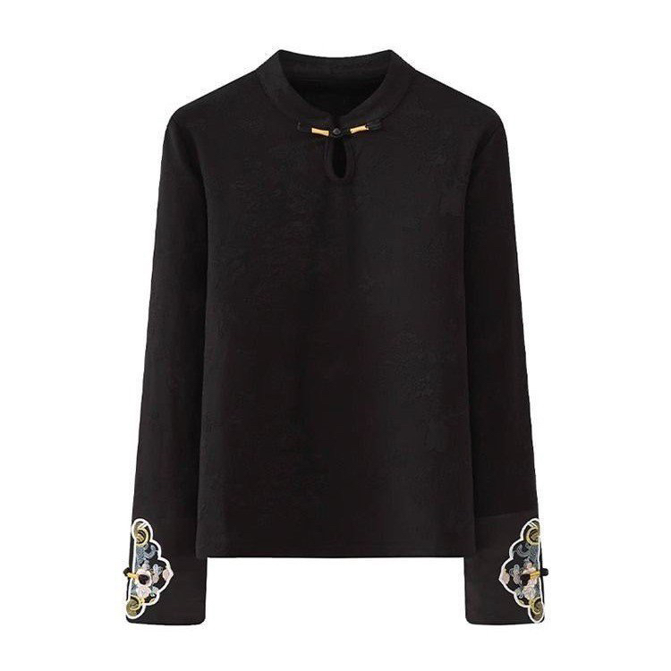 2025新款春秋季国风打底上衣新中式国风立领绣花长袖T恤衫女