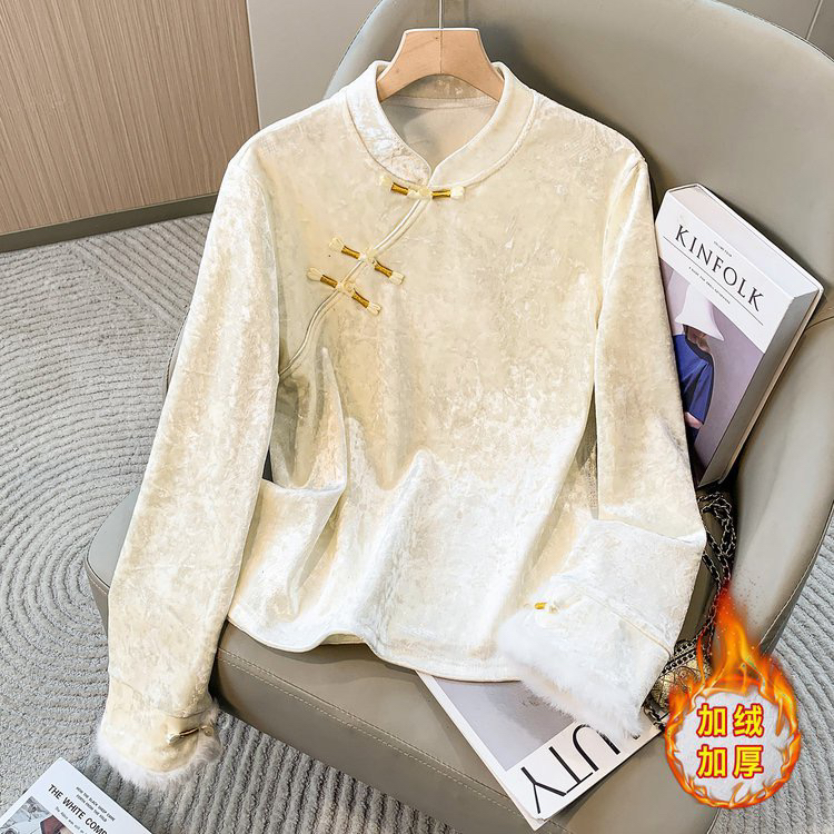 新中式国风打底衫秋冬加绒刺绣内搭上衣提花斜襟盘扣长袖衬衫女款