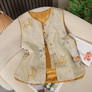 柿柿如意 国风提花圆领无袖 新中式 秋季 马夹 刺绣马甲上衣女装