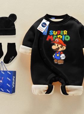 秋冬新生婴儿侧开加绒宝宝长袖马里奥纯棉连体衣a类潮牌黑色保暖