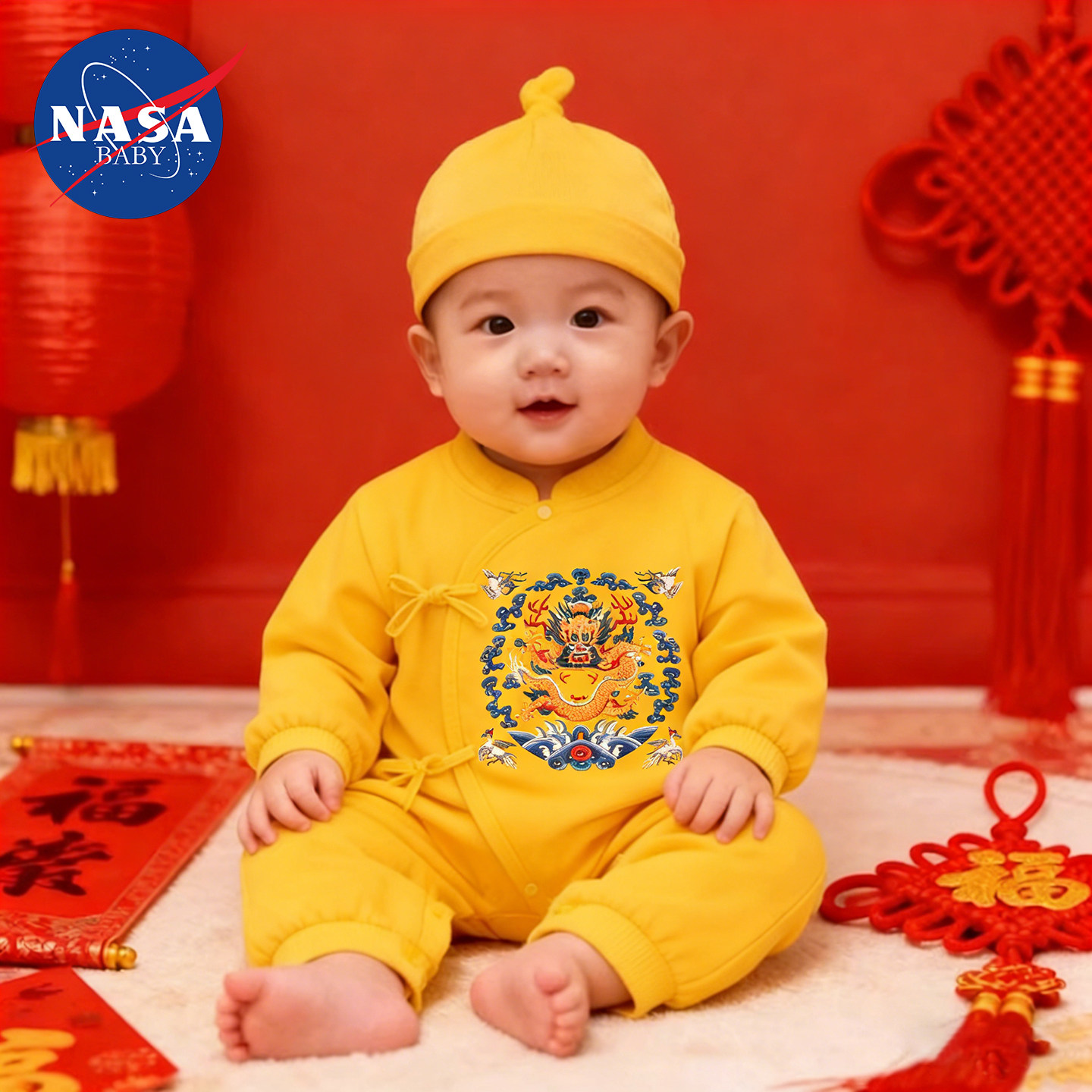 春秋宝宝系带开衫新生婴儿服长袖连体衣a类纯棉中国风龙满月中式