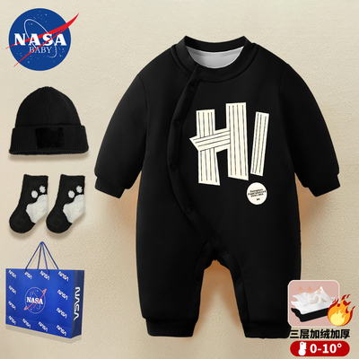 冬季婴儿侧开夹棉连体衣加绒爬服