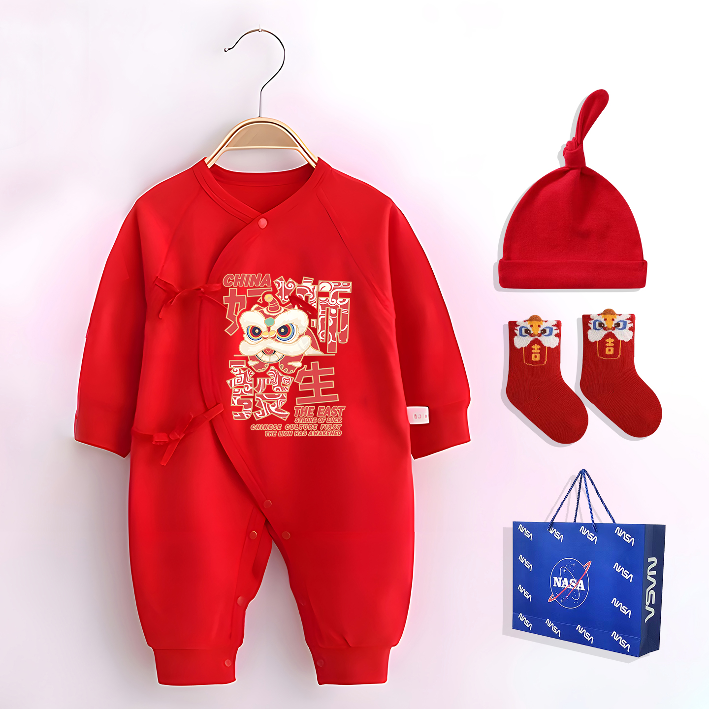 春秋婴儿侧开系带长袖连体衣红色