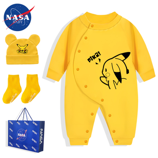 秋季新生婴儿服宝宝连体衣长袖侧开纯棉a类爬爬服皮卡丘可爱潮牌