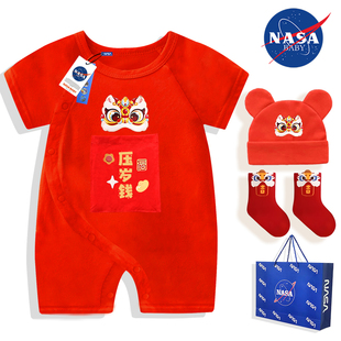 春节新生婴儿夏款过年拜年爬服收红包宝宝连体衣红色薄款短袖喜庆