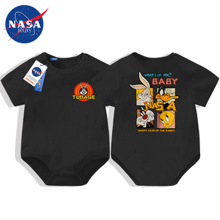 NASA黑色搞怪婴儿衣服夏天薄款短袖兔八哥连体衣男宝宝包屁两个月