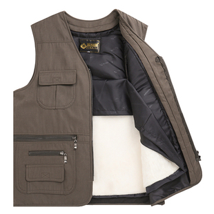 冬季 皮毛一体多兜马夹保暖背心加厚棉坎肩 中老年真皮羊毛马甲男士