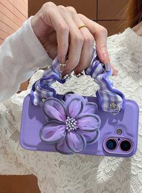 夏日ins温柔紫色格子大肠发圈弹性腕带适用iphone17promax苹果16手机壳13新款16plus手拎14pro斜挎背带挂绳链