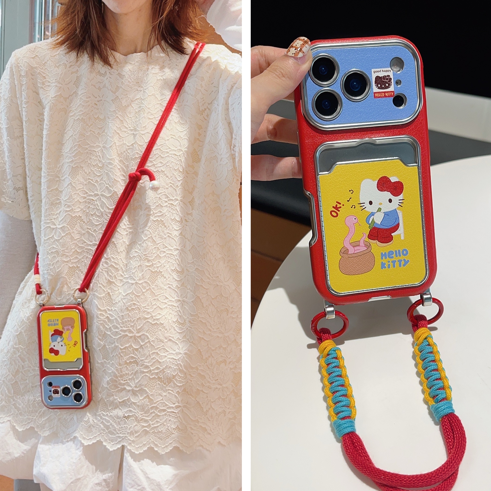 皮质卡包带挂绳适用苹果17promax手机壳iphone16pro新款14Pro可爱卡通13个性撞色15promax斜挎可背带手拎腕带