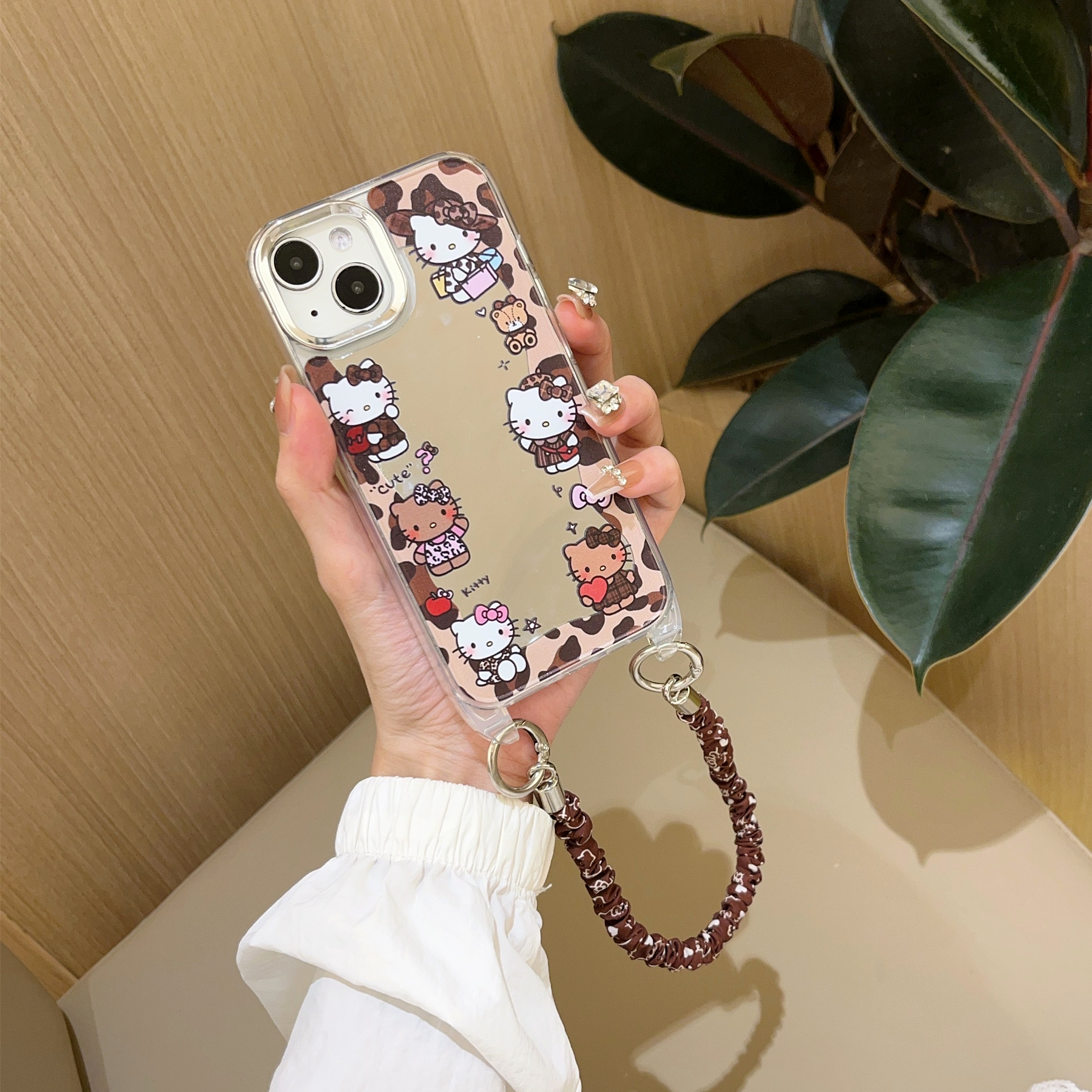 夏日ins镜面棕色kt猫适用iphone16promax苹果16手机壳13新款12手拎14大肠发圈手腕带15promax斜挎可背带挂绳
