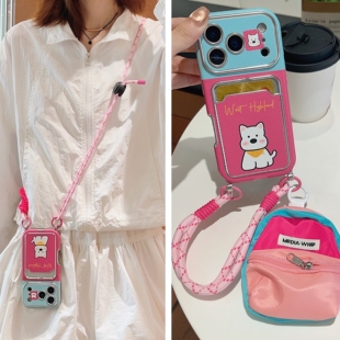 皮质卡包带挂绳适用苹果17promax手机壳iphone16pro新款14Pro可爱小狗13撞色视窗15promax斜挎可背带手拎腕带