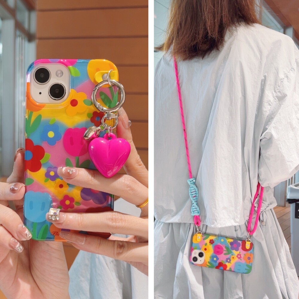 ins彩色花朵手拎圆环适用iphone17pro苹果16promax手机壳斜挎13挂绳挂脖14背带15promax手提绳13Pro爱心挂链