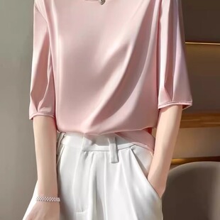 上衣短袖 25年春新款 五分袖 醋酸缎面圆领桑蚕丝T恤女中袖 真丝短袖