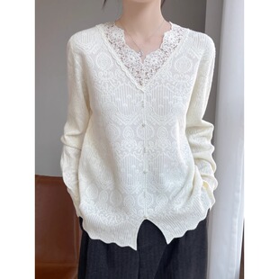 法式蕾丝拼接针织衫女立领钩花宽松长袖可外穿上衣早秋钉珠打底衫