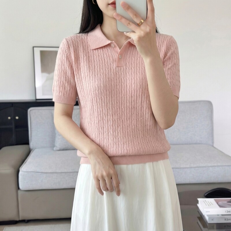 春夏新款100%棉线针织小翻领短袖女纯棉麻花T恤宽松百搭半袖上衣