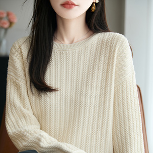 100%纯棉针织加厚圆领毛衣女2025新款慵懒风宽松内搭肌理感打底衫
