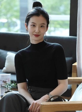 法式黑色薄款半高领打底衫正肩短袖女春秋修身高级感中袖内搭上衣