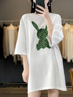 长款大t恤女遮臀屁股纯棉白色七分袖夏季宽松打底衫短袖印花镶钻