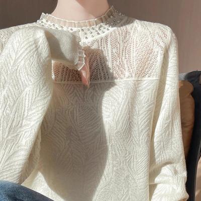女蕾丝拼接半高领宽松薄款毛衣