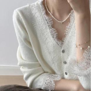 蕾丝边V领羊毛针织开衫女收腰内搭毛衣温柔风秋季长袖打底衫外套