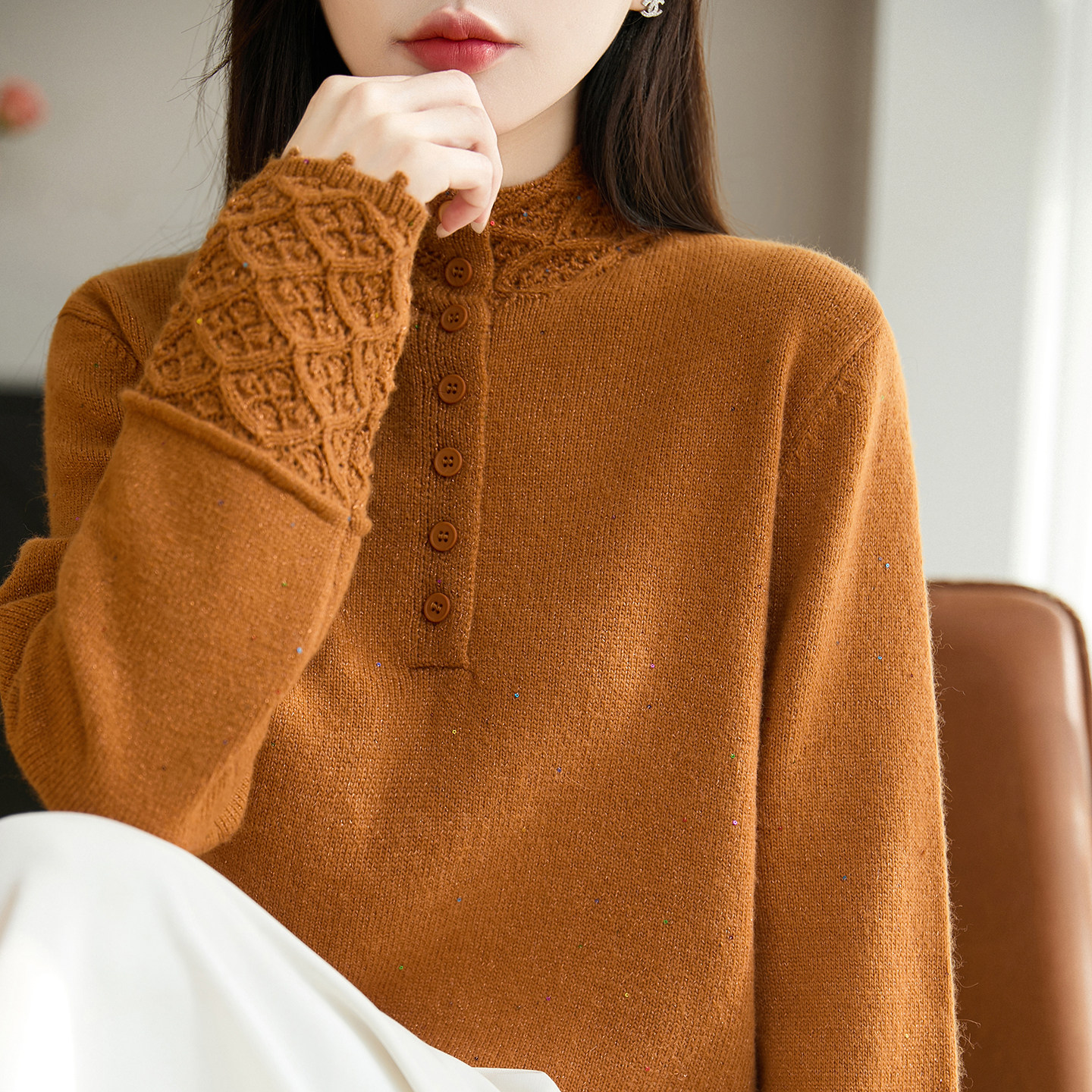 温柔风半高领纽扣针织衫女浮雕提花毛衣高级感木耳边打底衫,女装/女士精品,毛针织衫,淘宝优惠券,粉丝福利购,淘宝优惠卷