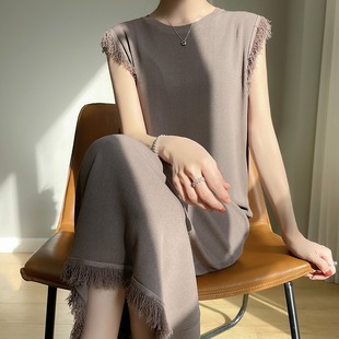 曲珠冰丝无袖 针织裙内搭长裙 背心连衣裙女春夏圆领流苏边显瘦长款