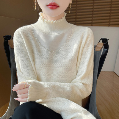 2024秋冬新款时尚小香风加厚毛衣女木耳花边半高领气质减龄针织衫