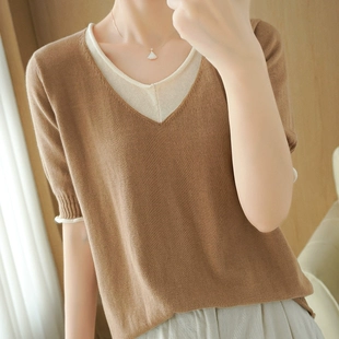 女v领宽松T恤夏季 上衣 2021夏新款 棉麻针织短袖 纯棉半袖 纯色打底衫
