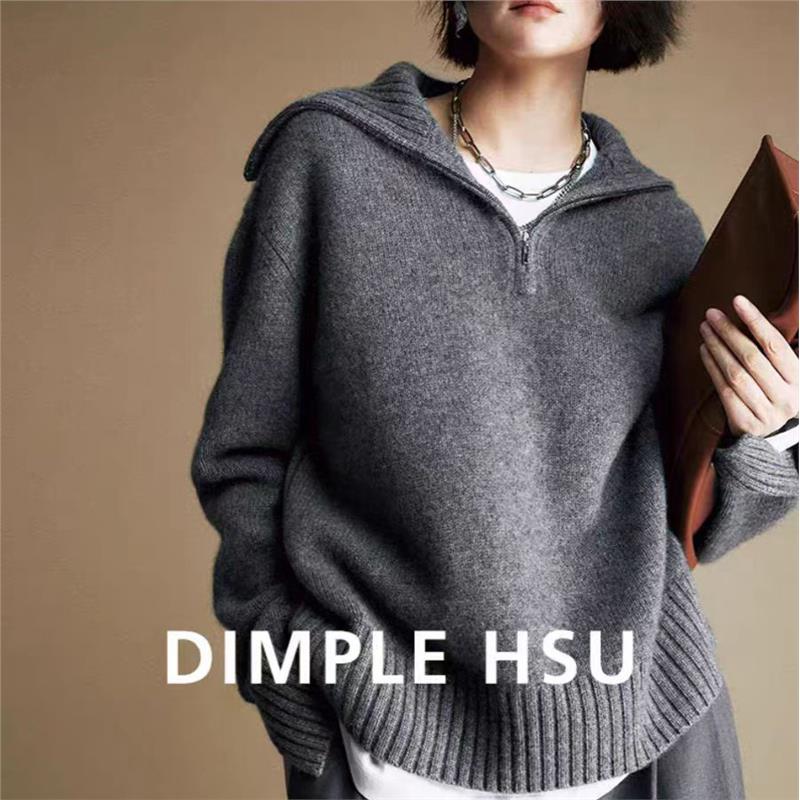半开领拉链羊毛衫女套头翻领宽松慵懒风加厚毛衣针织打底衫显瘦