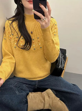 韩系绞花纹高领毛衣女黄色显瘦打底衫针织衫上衣