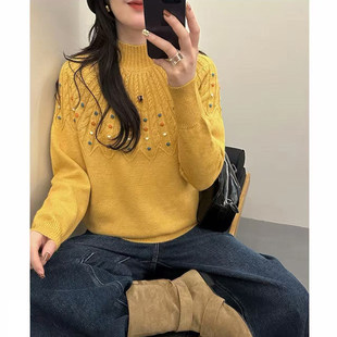 韩系绞花纹高领毛衣女黄色显瘦打底衫针织衫上衣