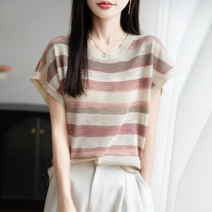 法式竹节麻渐变条纹针织短袖T恤女2025夏薄宽松显瘦上衣小飞袖t恤
