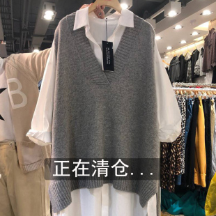 春秋冬纯色羊毛坎肩V领女宽松中长款针织马甲无袖韩版外穿