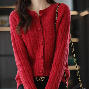 针织开衫女2025新款本命年红色上衣妈妈装春秋季宽松大码毛衣外套