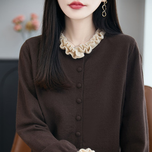 琥珀流光风穿搭小香风木耳边圆领针织衫开衫上衣花边毛衣外搭外套