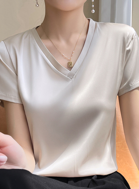 真丝短袖t恤女夏季正肩宽松黑色白色圆领v领桑蚕丝三醋酸短款上衣
