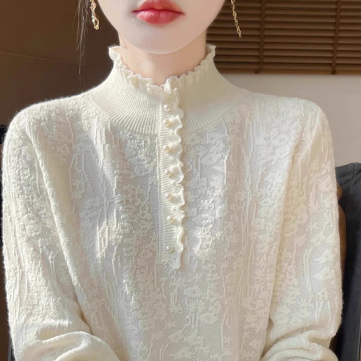 甜美小香风韩系半高领木耳边花边荷叶领针织衫秋冬外穿洋气毛衣