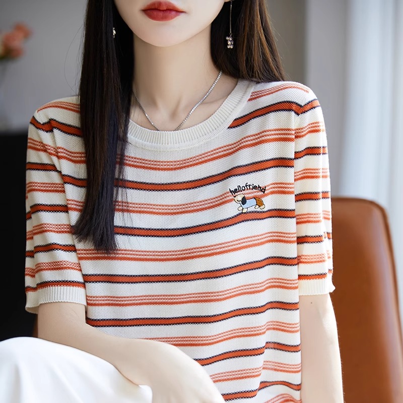莱赛尔天丝针织短袖女圆领条纹