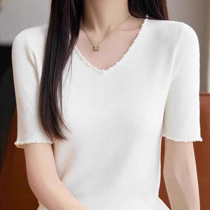 钉珠短袖针织衫女气质显瘦T恤