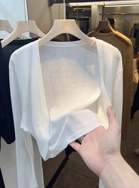 白色短款冰丝针织防晒开衫女薄款夏季吊带裙外搭薄纱外套空调罩衫