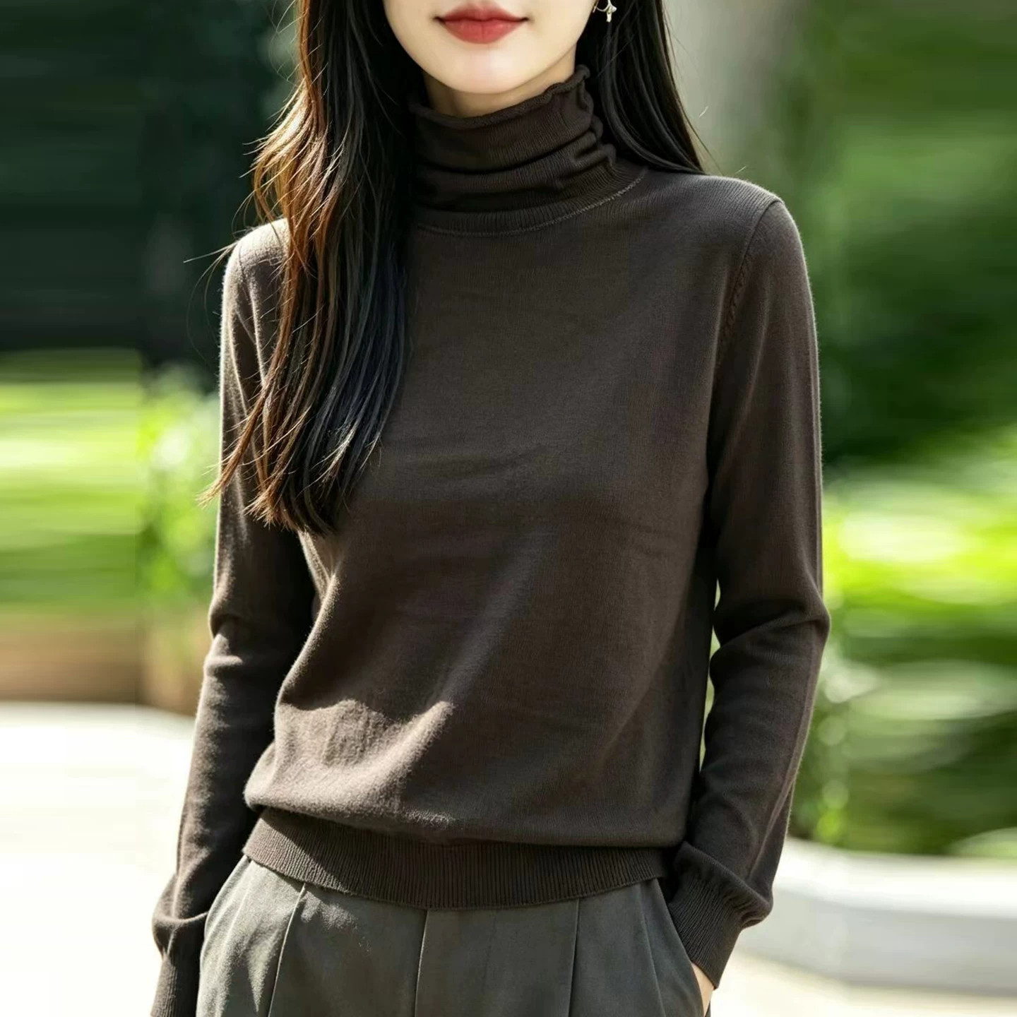 纯棉线高领松弛感针织衫女长袖百搭显瘦打底毛衣堆堆领减龄上衣