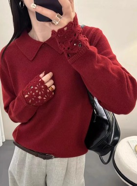 复古红色翻领衬衫打底衫针织衫秋冬深红色洋气袖口钩花本命年毛衣