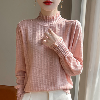 2024秋冬新款蕾丝花边半高领长袖针织衫女洋气保暖内搭打底衫毛衣