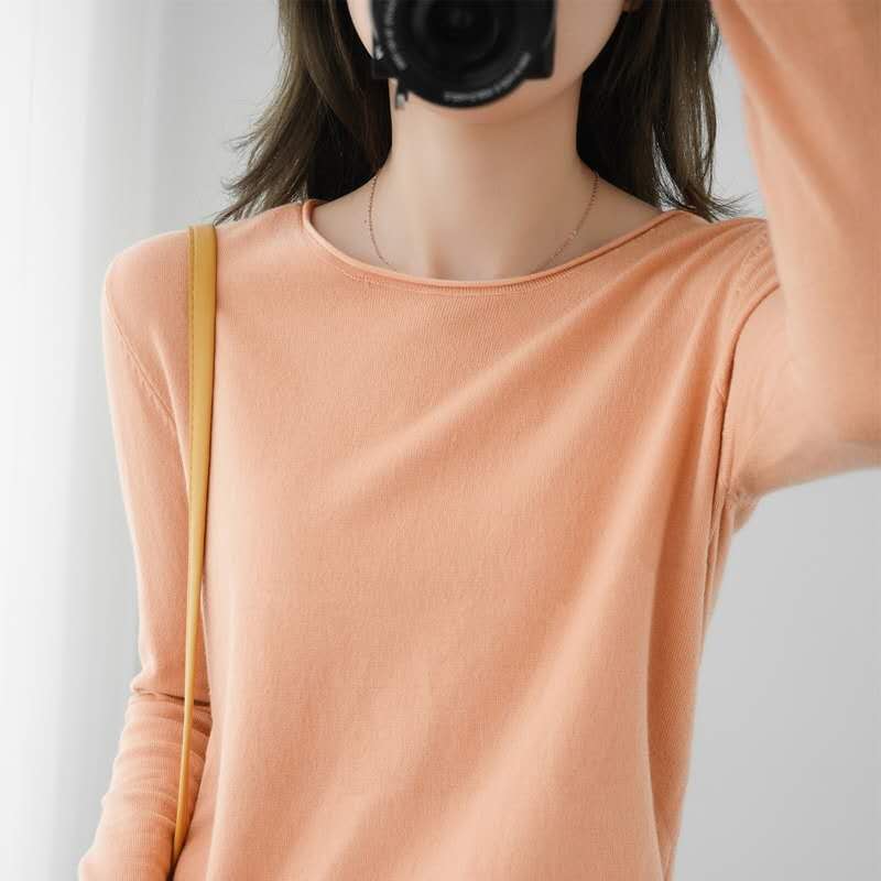春秋新款羊绒衫女圆领毛衣卷边宽松套头内搭长袖打底针织上衣大码