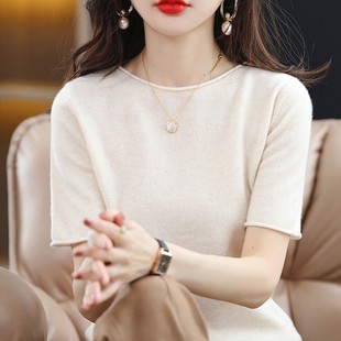 针织T恤衫 上衣薄款 女套头半袖 气质百搭短款 毛衣春秋新款 圆领短袖