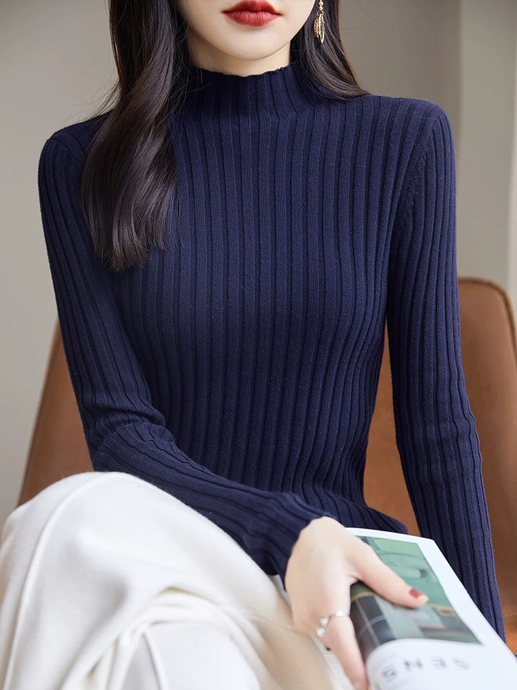 100%纯棉线打底衫女内搭修身显瘦2023秋冬新款针织长袖半高领毛衣