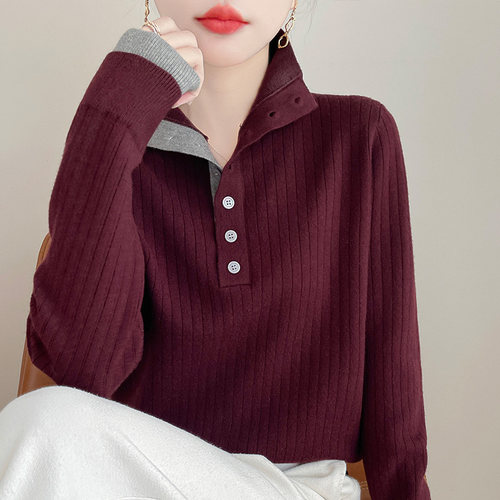 2024秋冬新款高级感半开领加厚毛衣女拼接假两件时髦宽松针织衫
