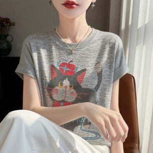 t恤 配西装 亲肤透气印花T恤女士套头短袖 宽松型圆领猫咪印花针织衫